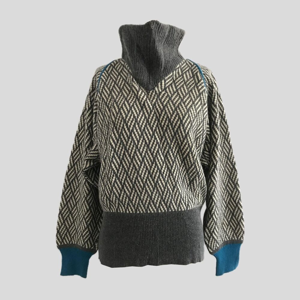 Vintage 1980s Gray Chevron Wool Funnel Neck Sweater Made in Italy Womens S/M